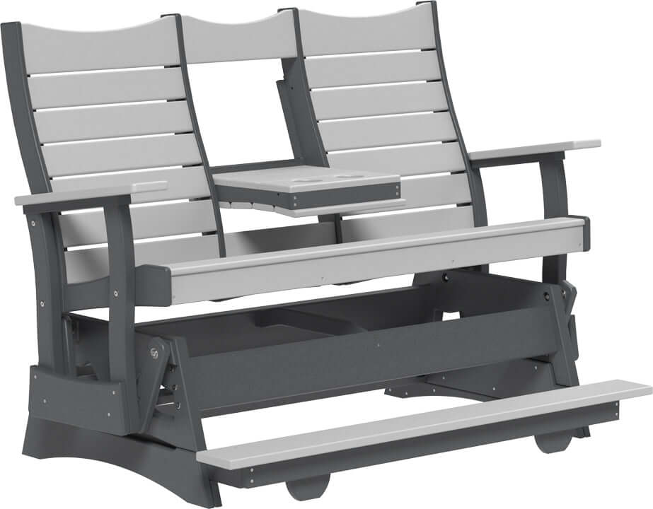 LuxCraft 5' Contour Balcony Glider in Dove Gray and Slate — Amish-crafted recycled poly, 20-year poly durability