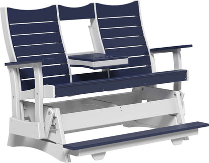 LuxCraft 5' Contour Balcony Glider in Patriot Blue — counter-height glide bench with footrest for elevated decks