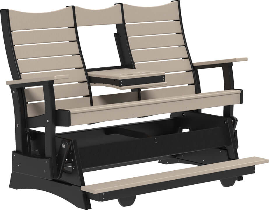 LuxCraft 5' Contour Balcony Glider in Weatherwood and Black — counter-height glide bench with footrest for elevated decks