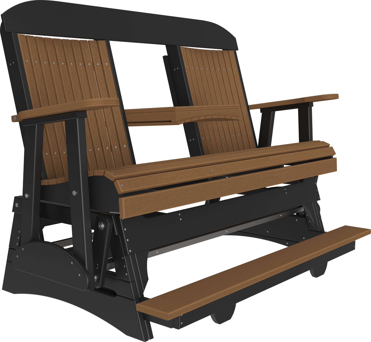 LuxCraft 5' Classic Balcony Glider in Antique Mahogany and Black — counter-height glide bench with footrest for elevated decks