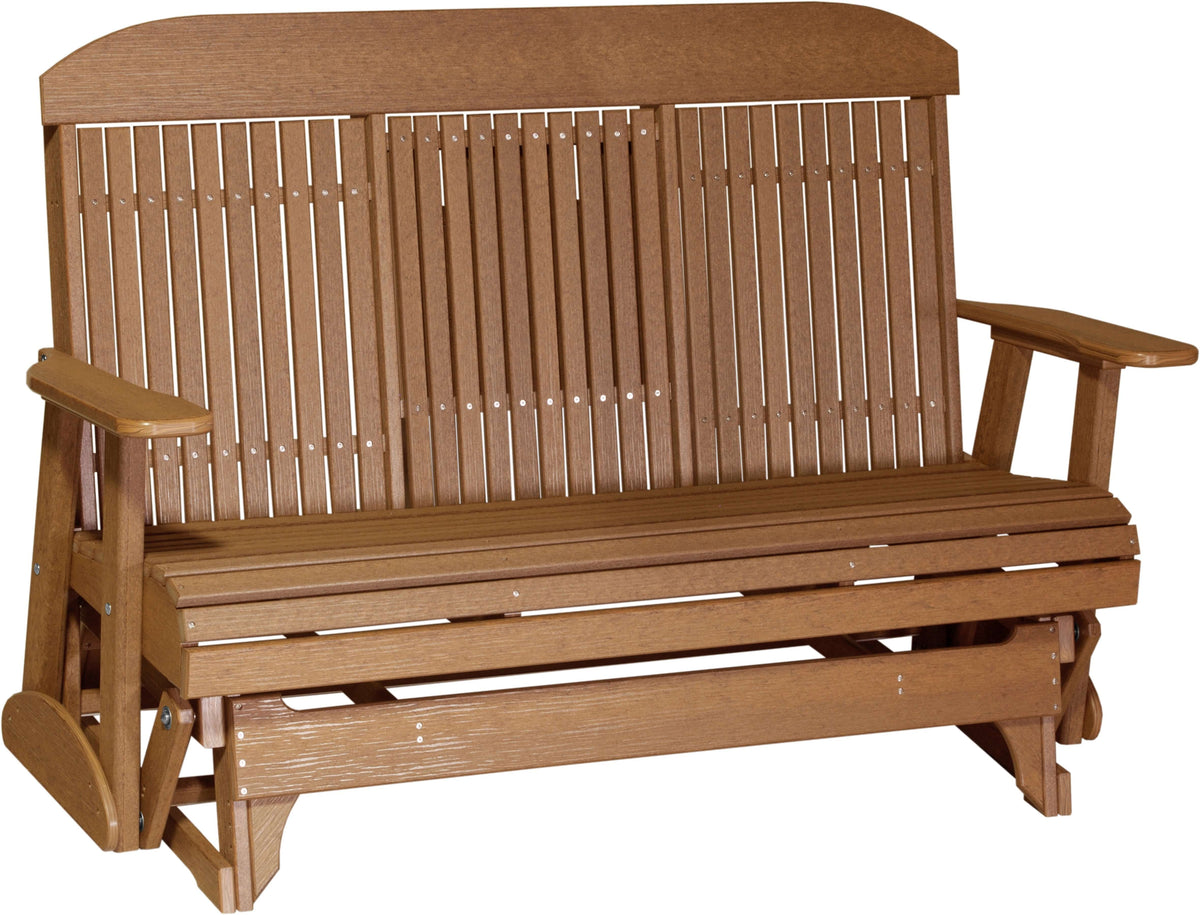 LuxCraft 5' Classic Glider in Antique Mahogany — vertical-slat back glide motion for outdoor use