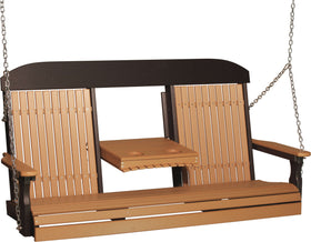 LuxCraft 5' Classic Porch Swing in Cedar and Black — hanging porch bench, recycled HDPE construction