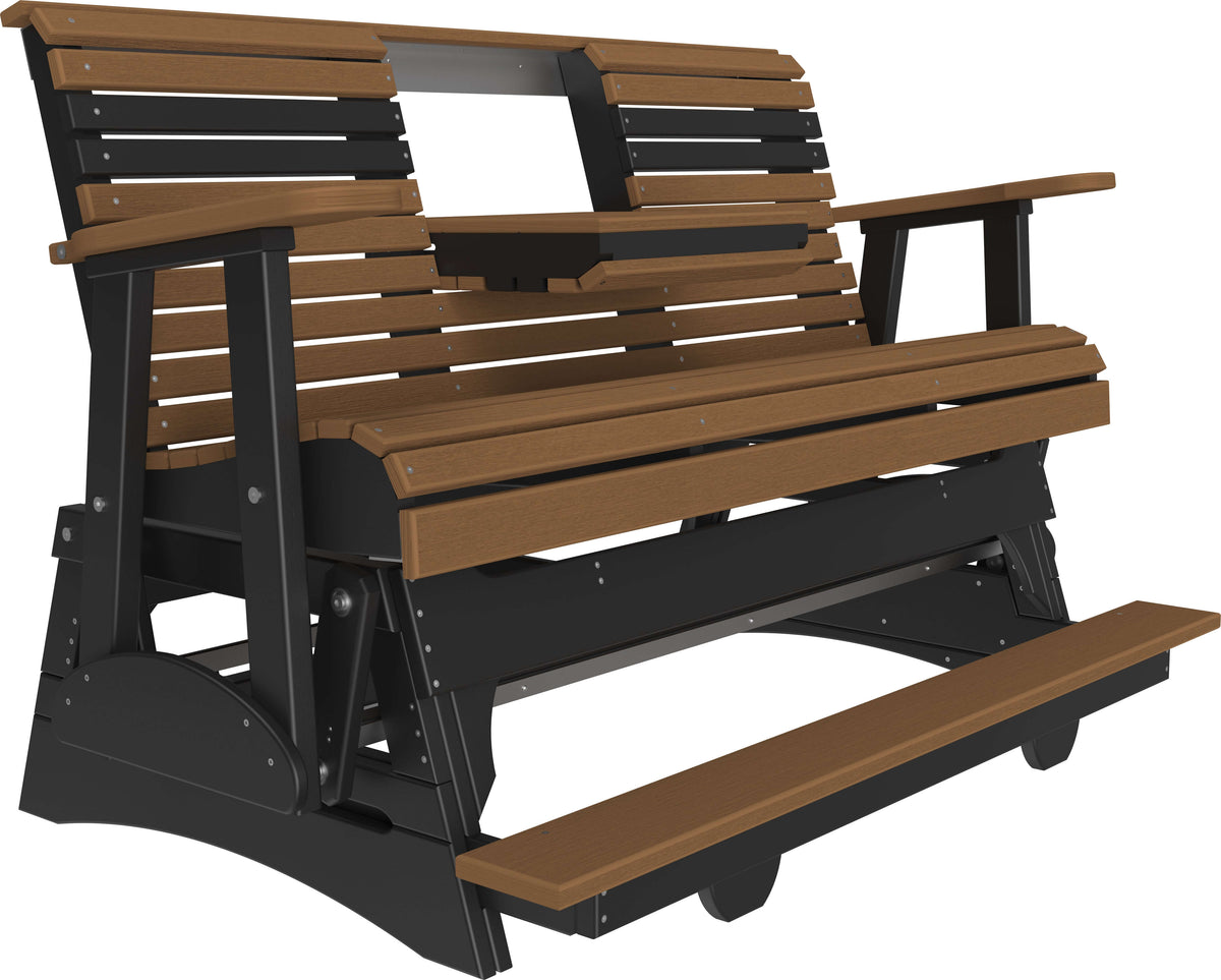 LuxCraft 5' Plain Balcony Glider in Antique Mahogany and Black — counter-height glide bench with footrest for elevated decks