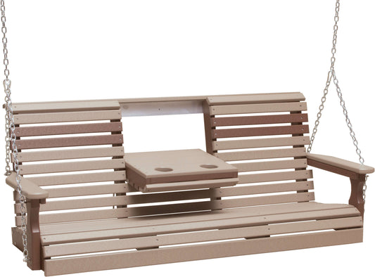 LuxCraft 5' Plain Porch Swing in Weatherwood and Chestnut Brown — Amish-crafted recycled poly, weather-resistant design