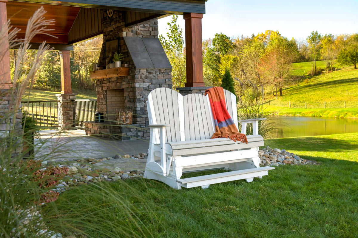 LuxCraft 5' Adirondack Balcony Glider in Birch and White — Amish-crafted recycled poly, weather-resistant design