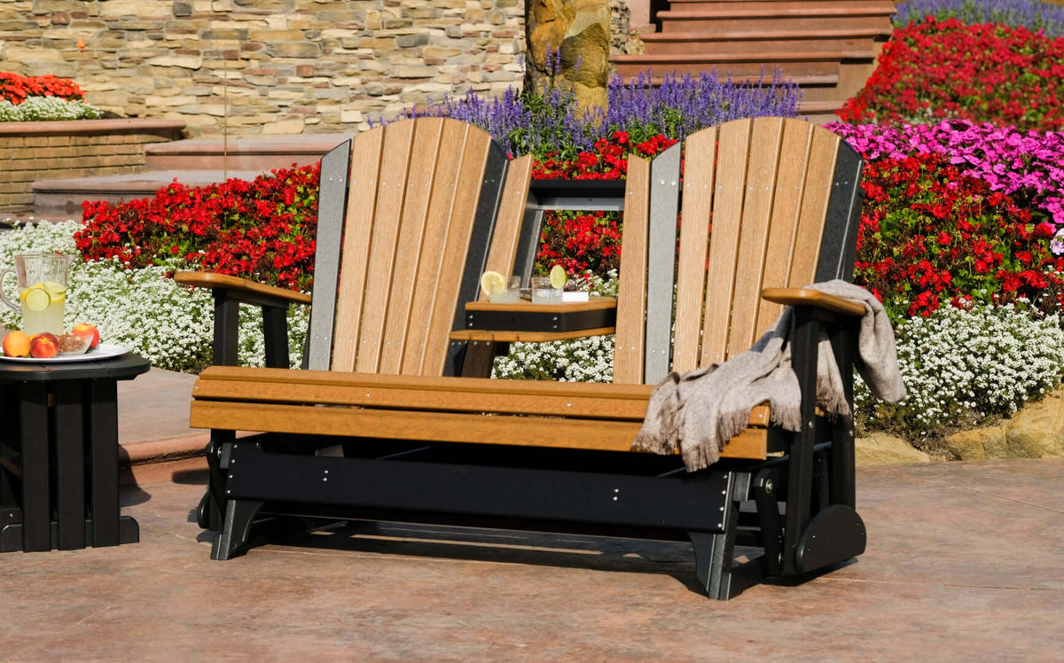 LuxCraft 5' Adirondack Glider in Antique Mahogany and Black configured for backyard settings — fade-resistant poly
