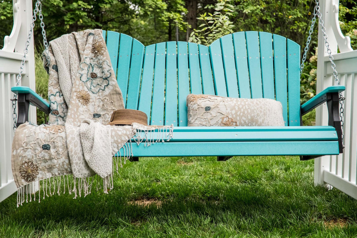 LuxCraft 5' Adirondack Swing in Aruba Blue and Black configured for porch-swing setups — fade-resistant poly