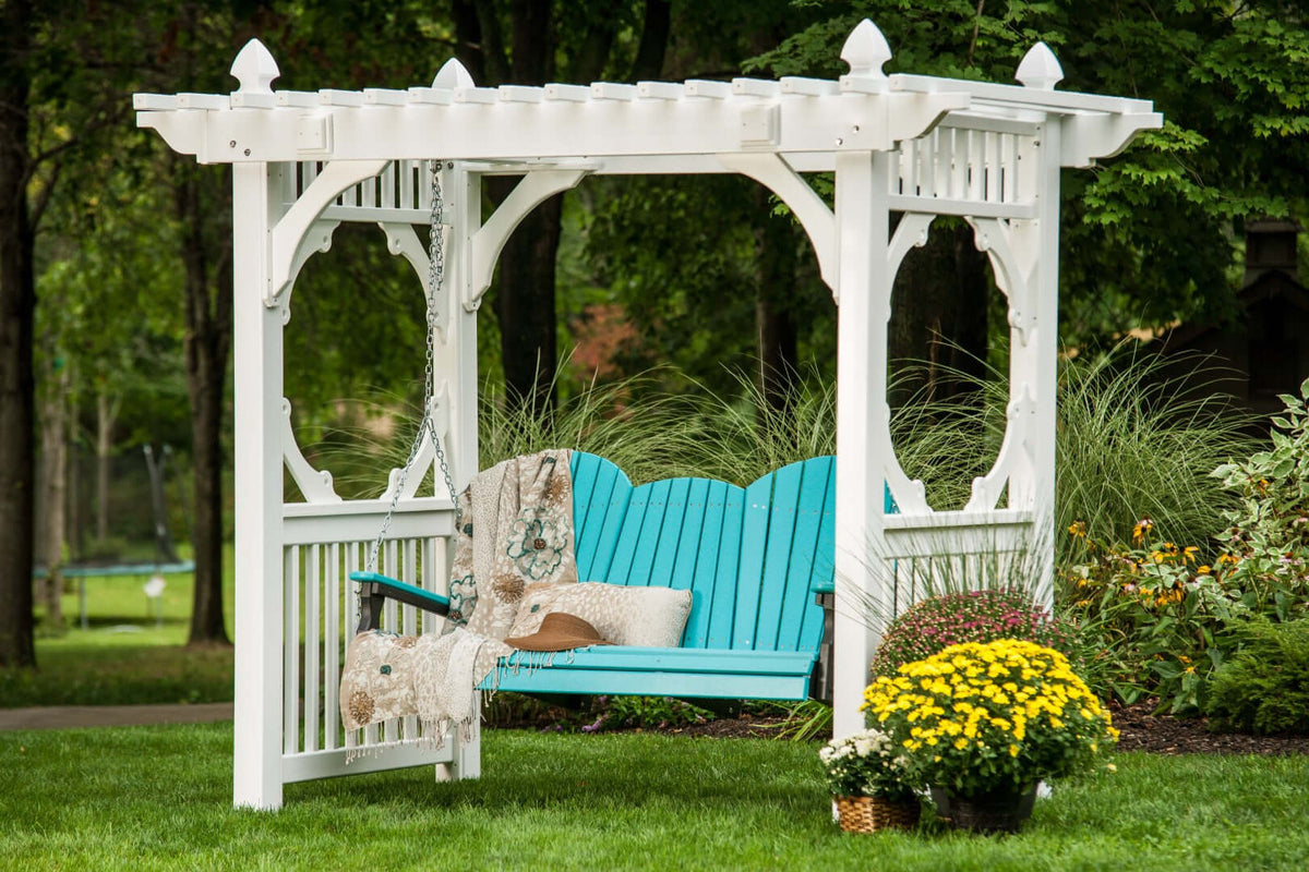 LuxCraft 5' Adirondack Swing in Aruba Blue and Black positioned for front-porch use — all-weather outdoor build