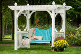 LuxCraft 5' Adirondack Swing Set with Classic Vinyl White Swing Stand in Aruba Blue and Black arranged for front-porch use — durable poly construction