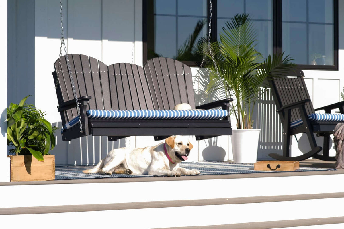 LuxCraft 5' Adirondack Swing in Black paired for arbor and pergola mounting — weather-resistant design