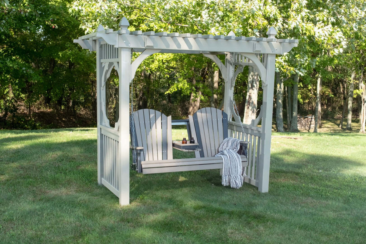 LuxCraft 5' Adirondack Swing in Weatherwood and Black styled for arbor and pergola mounting — 20-year poly durability