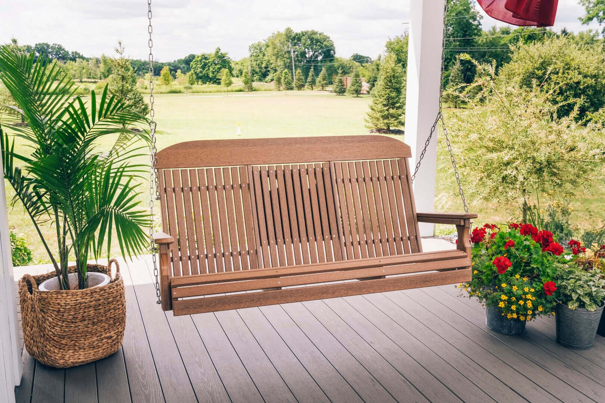 LuxCraft 5' Classic Porch Swing in Antique Mahogany paired for arbor mounting — weather-resistant design