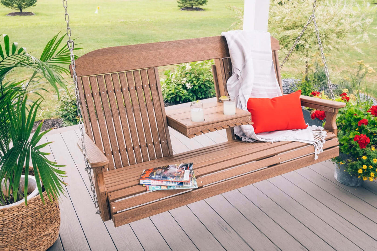 LuxCraft 5' Classic Porch Swing in Antique Mahogany configured for porch-swing setups — fade-resistant poly