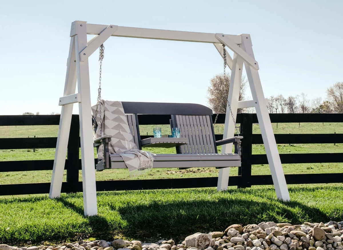 LuxCraft 5' Classic Porch Swing in Dove Gray and Slate styled for arbor mounting — 20-year poly durability