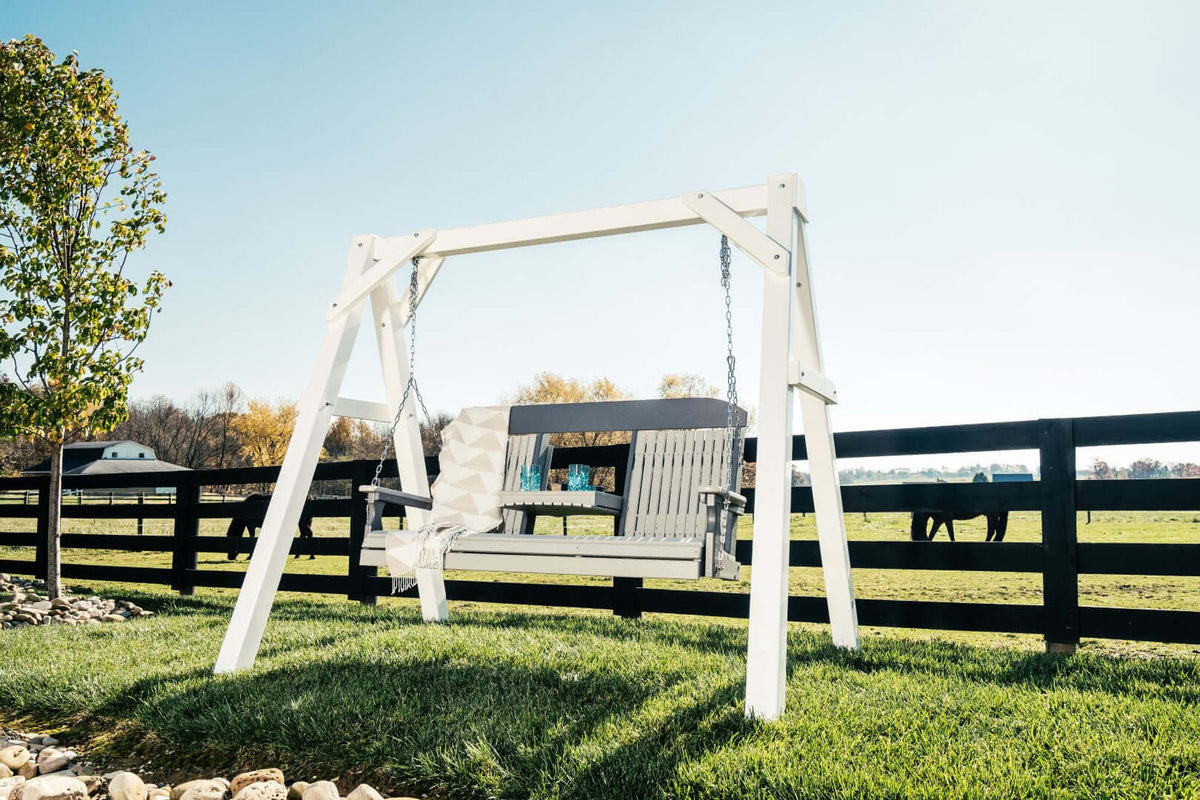 LuxCraft 5' Classic Porch Swing in Dove Gray and Slate positioned for front-porch hanging — all-weather outdoor build