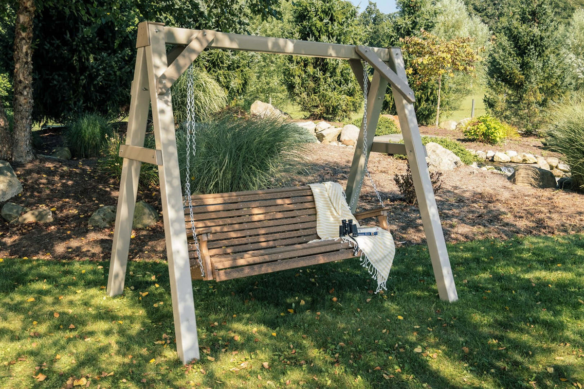 LuxCraft 5' Plain Porch Swing in Antique Mahogany paired for arbor mounting — weather-resistant design