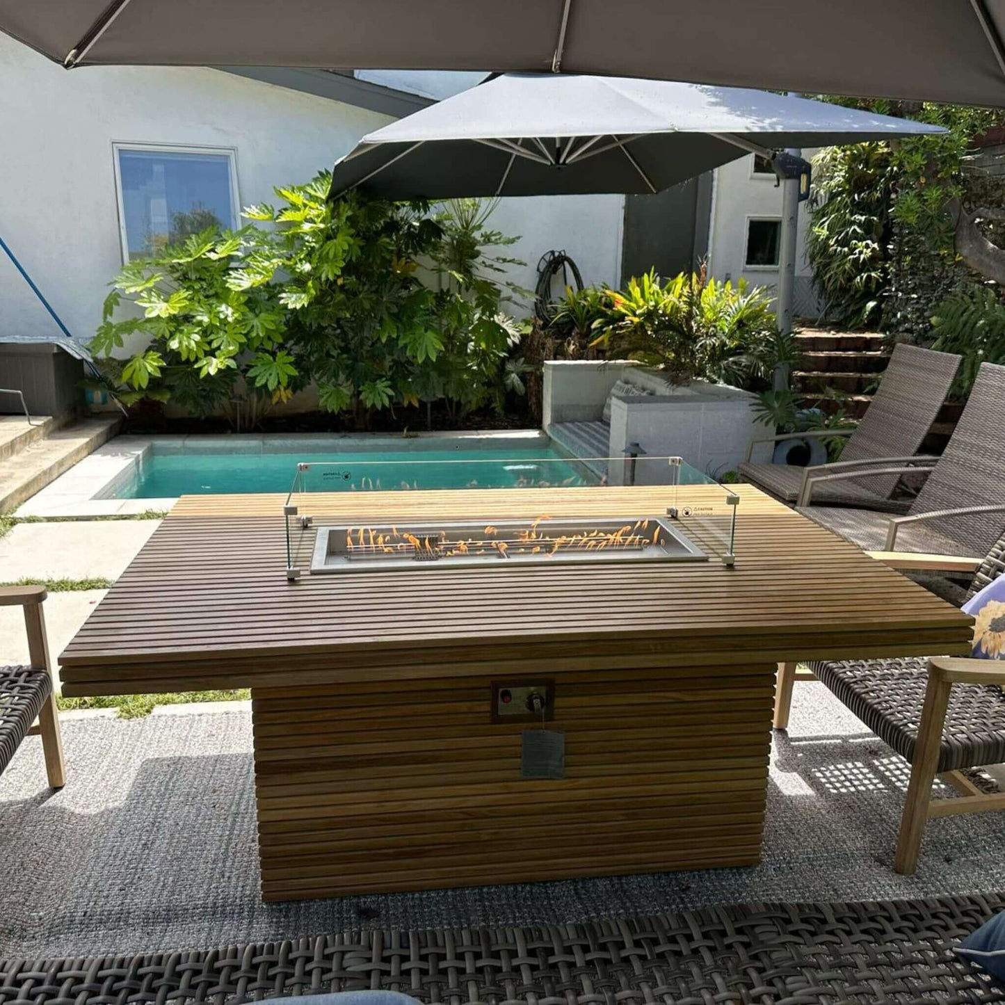 Anderson Teak Louvre Rectangular Fireplace Table — Outdoor Fire Pit Table for Patios