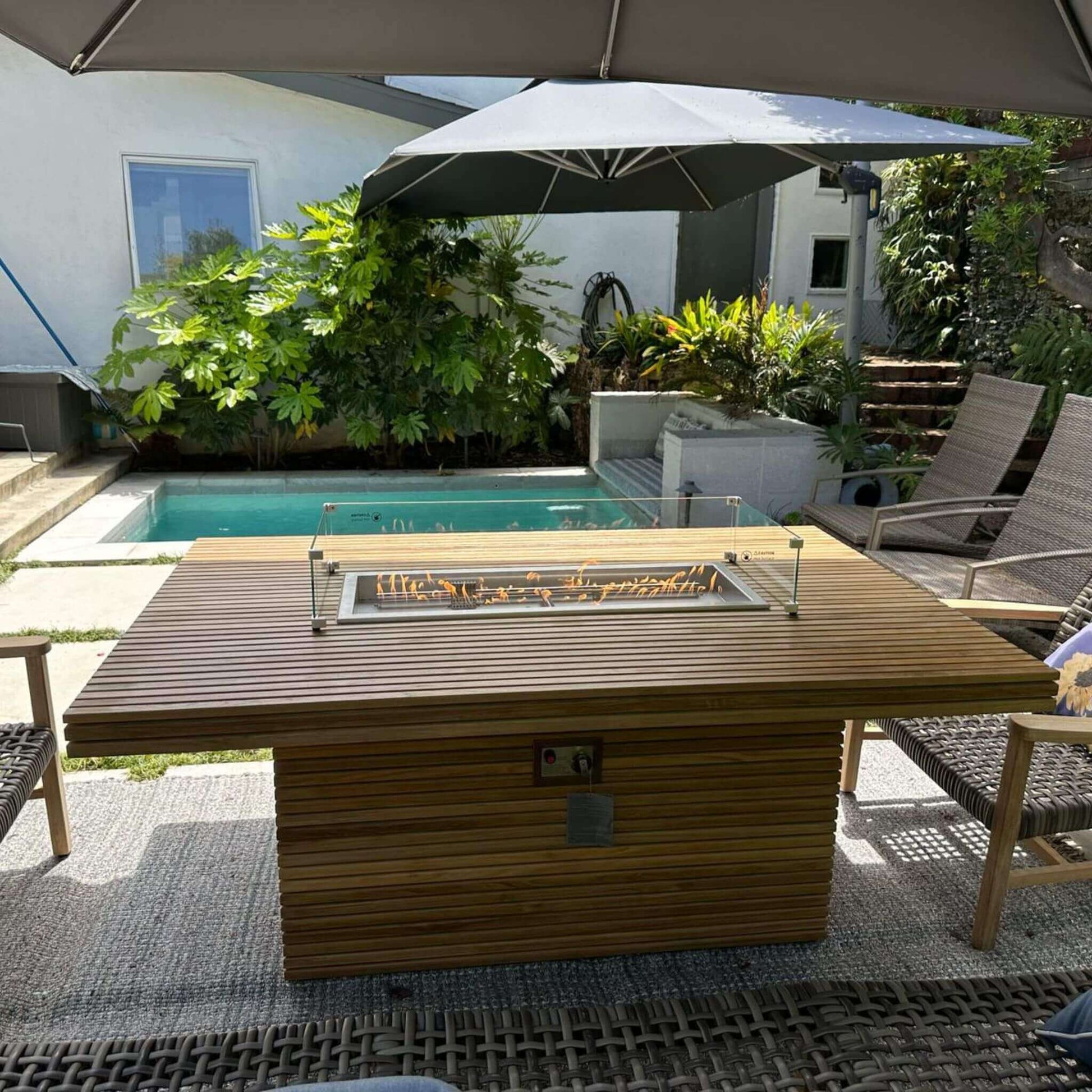 Anderson Teak Louvre Rectangular Fireplace Table — Outdoor Fire Pit Table for Patios