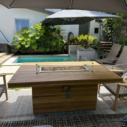 Anderson Teak Louvre Rectangular Fireplace Table — Outdoor Fire Pit Table for Patios