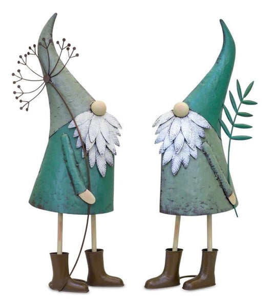 Melrose International Iron Metal Standing Garden Gnome with Flower (Set of 2)