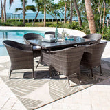 Sleek 7-piece outdoor arm chair dining set with cushions made from commercial quality thick wicker weave pattern