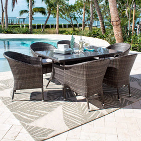 Sleek 7-piece outdoor arm chair dining set with cushions made from commercial quality thick wicker weave pattern