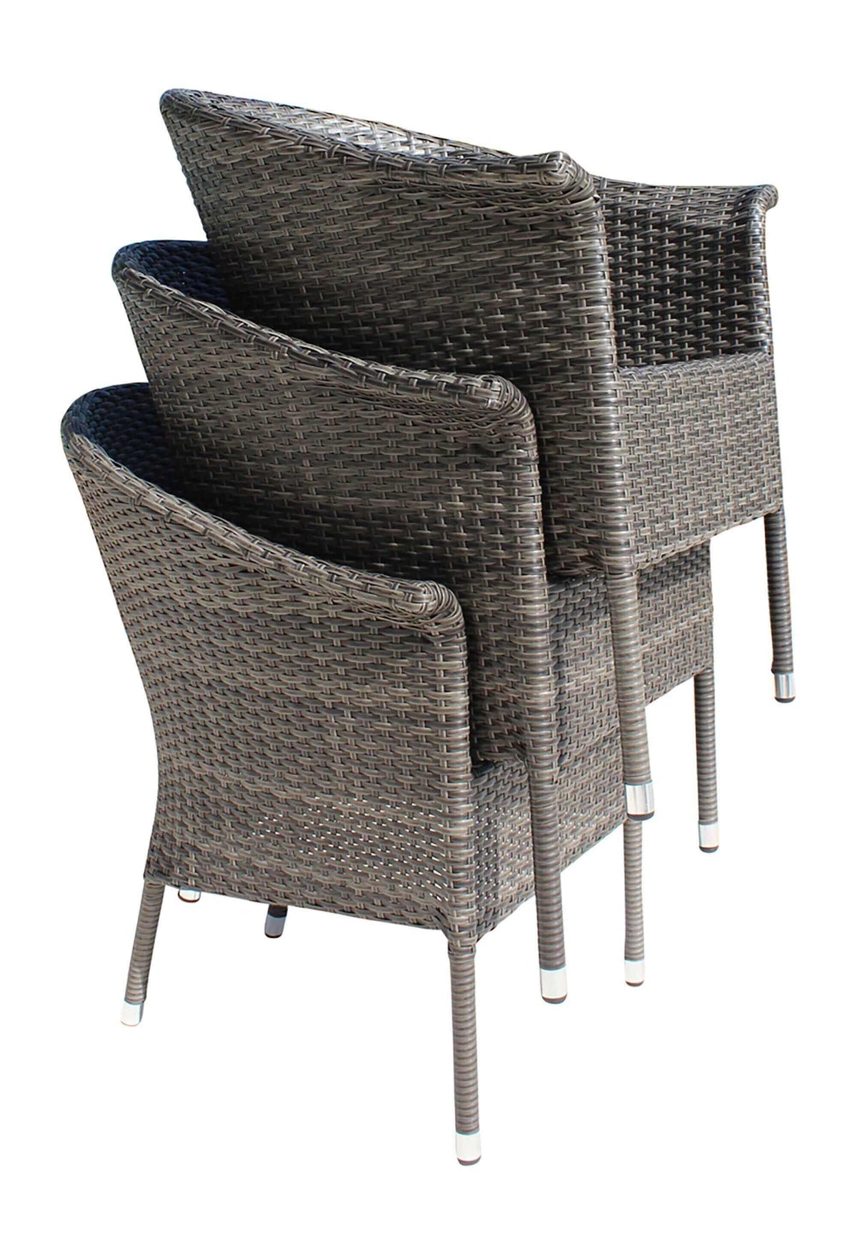 Sleek outdoor stackable lounge chair with cushions made from commercial quality thick wicker weave pattern
