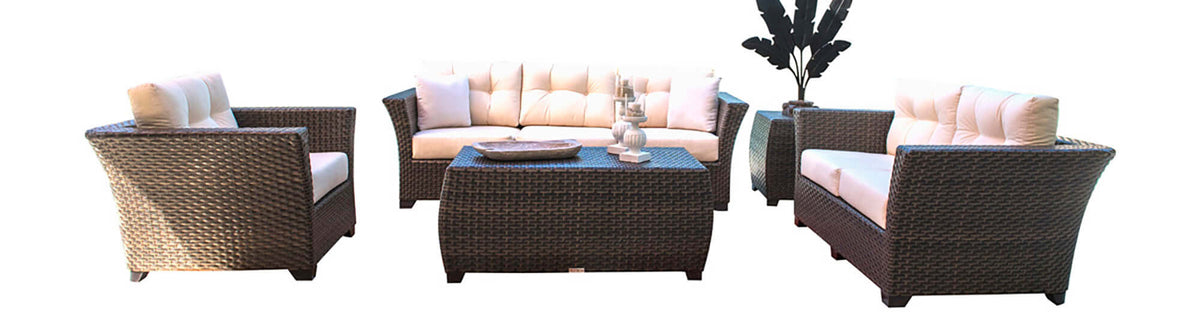 Sleek 5-piece outdoor seating set with cushions made from commercial quality thick wicker weave pattern