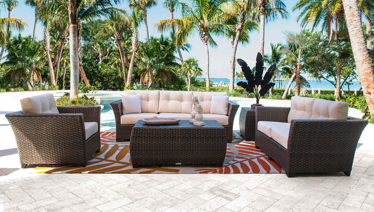 Sleek 5-piece outdoor seating set with cushions made from commercial quality thick wicker weave pattern