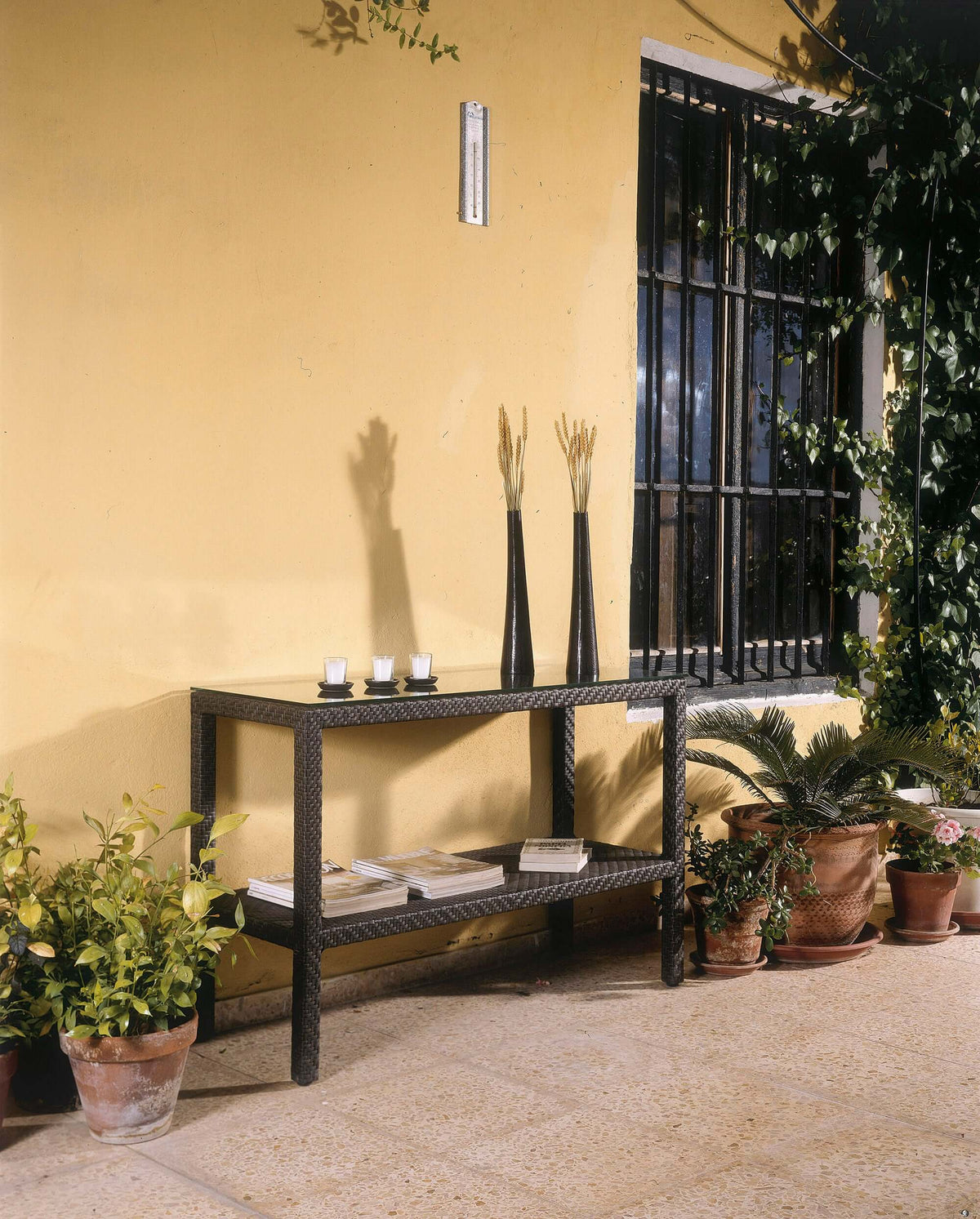 Contemporary Outdoor Console Table with multi shelf design and glass top included