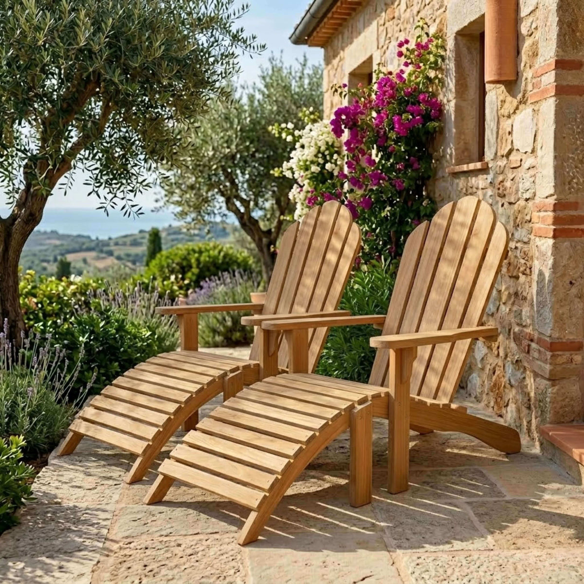 Anderson Teak Adirondack With Ottoman on Front Porch in Classic Setting