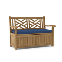 Anderson Teak Outdoor Storage Bench features a chic, contemporary design equipped with a spacious interior storage compartment