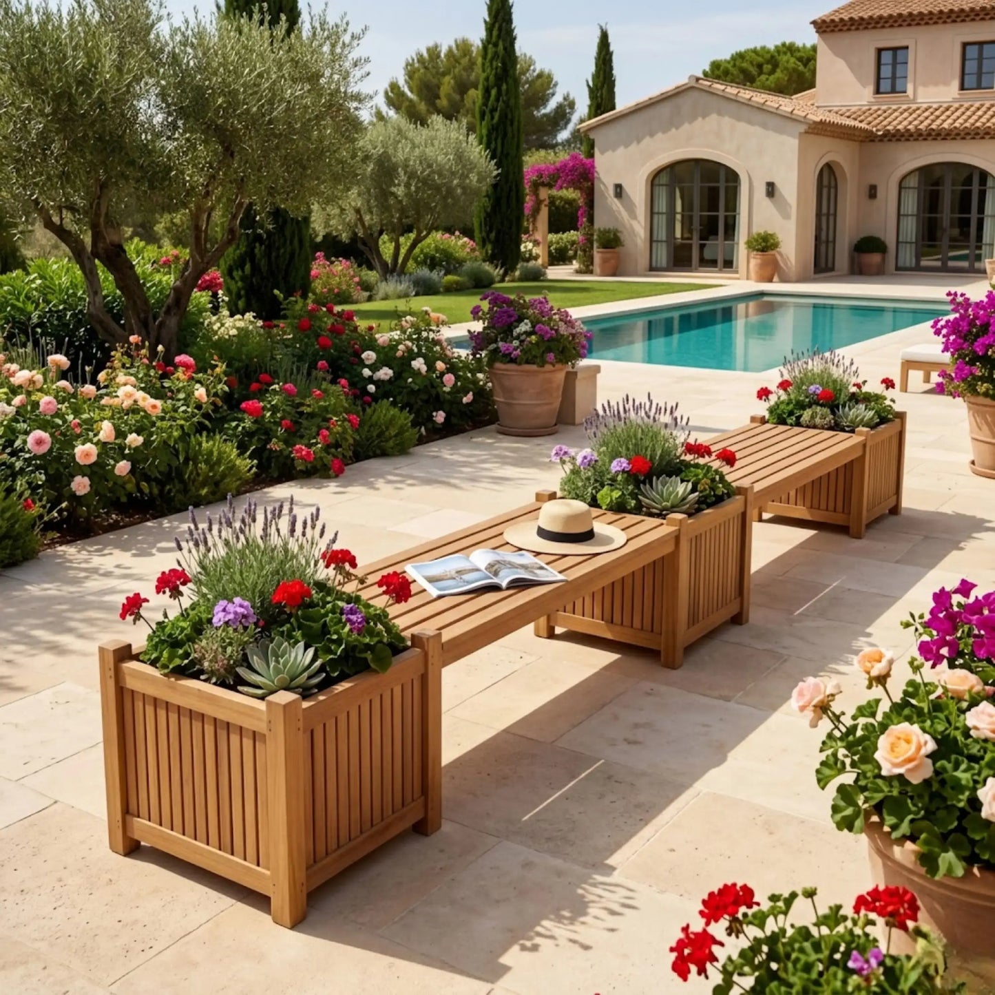 Anderson Teak Planter Bench 2 Bench 3 Planter Box Detail with Teak Slat Build and Drainage Design