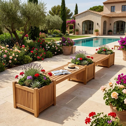 Anderson Teak Planter Bench 2 Bench 3 Planter Box Detail with Teak Slat Build and Drainage Design