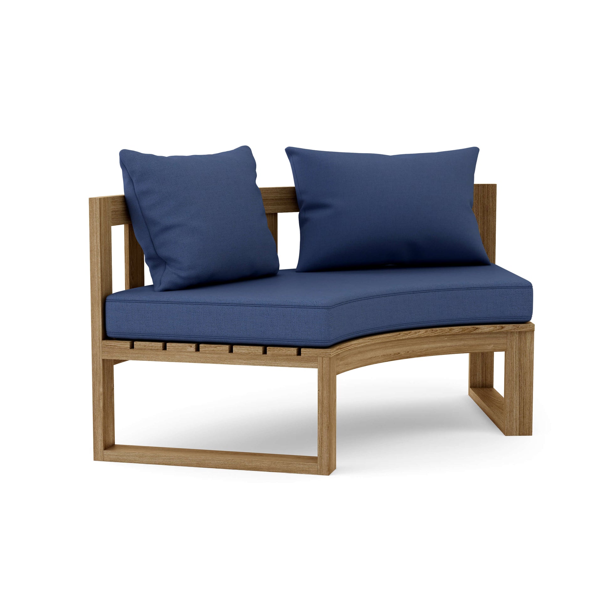 Teak wood circular modular deep seating outdoor bench with thick 5" Sunbrella outdoor cushions