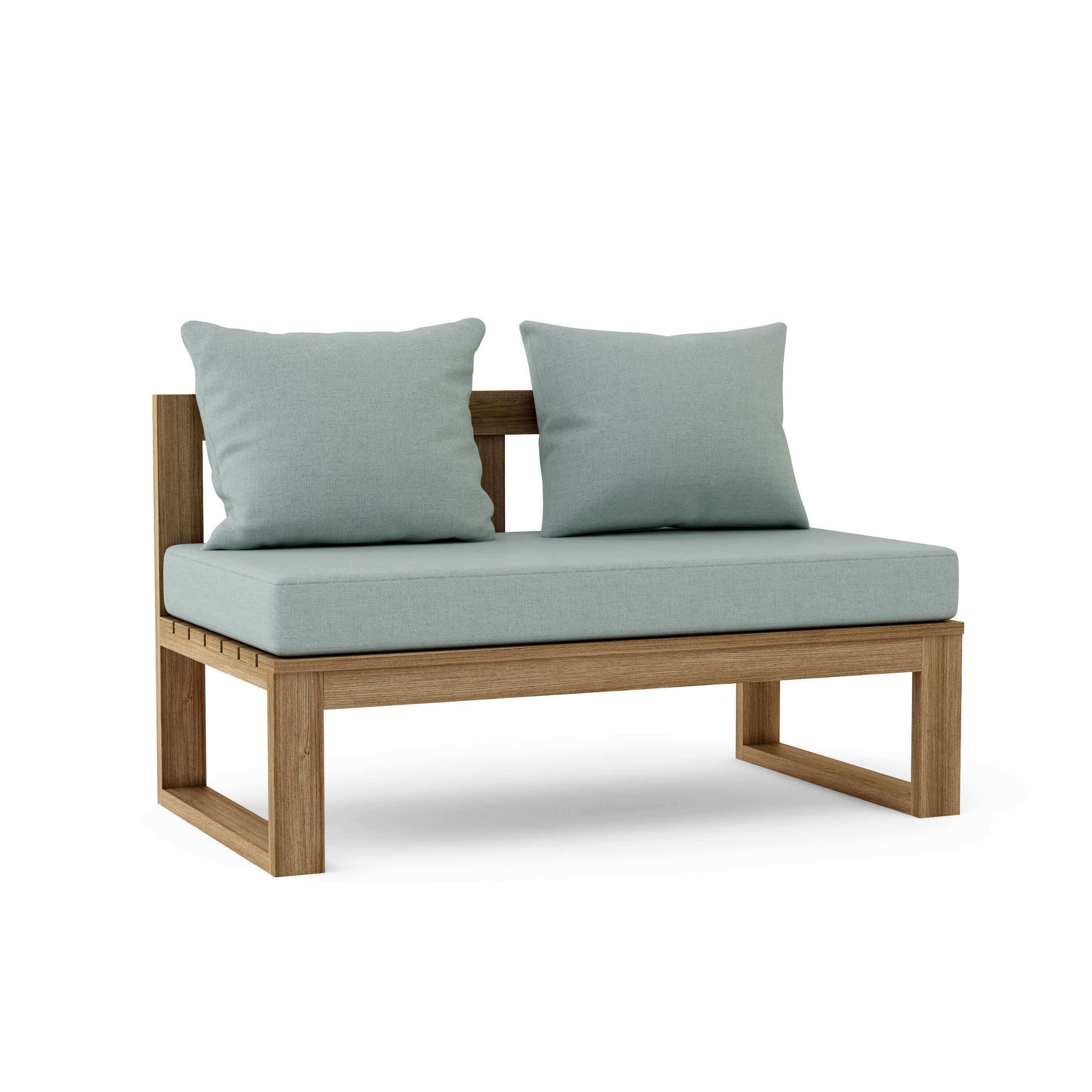 Teak wood straight modular deep seating outdoor bench with thick 5" Sunbrella outdoor cushions