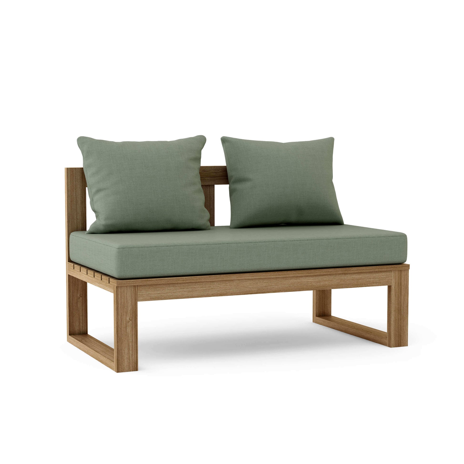 Teak wood straight modular deep seating outdoor bench with thick 5" Sunbrella outdoor cushions