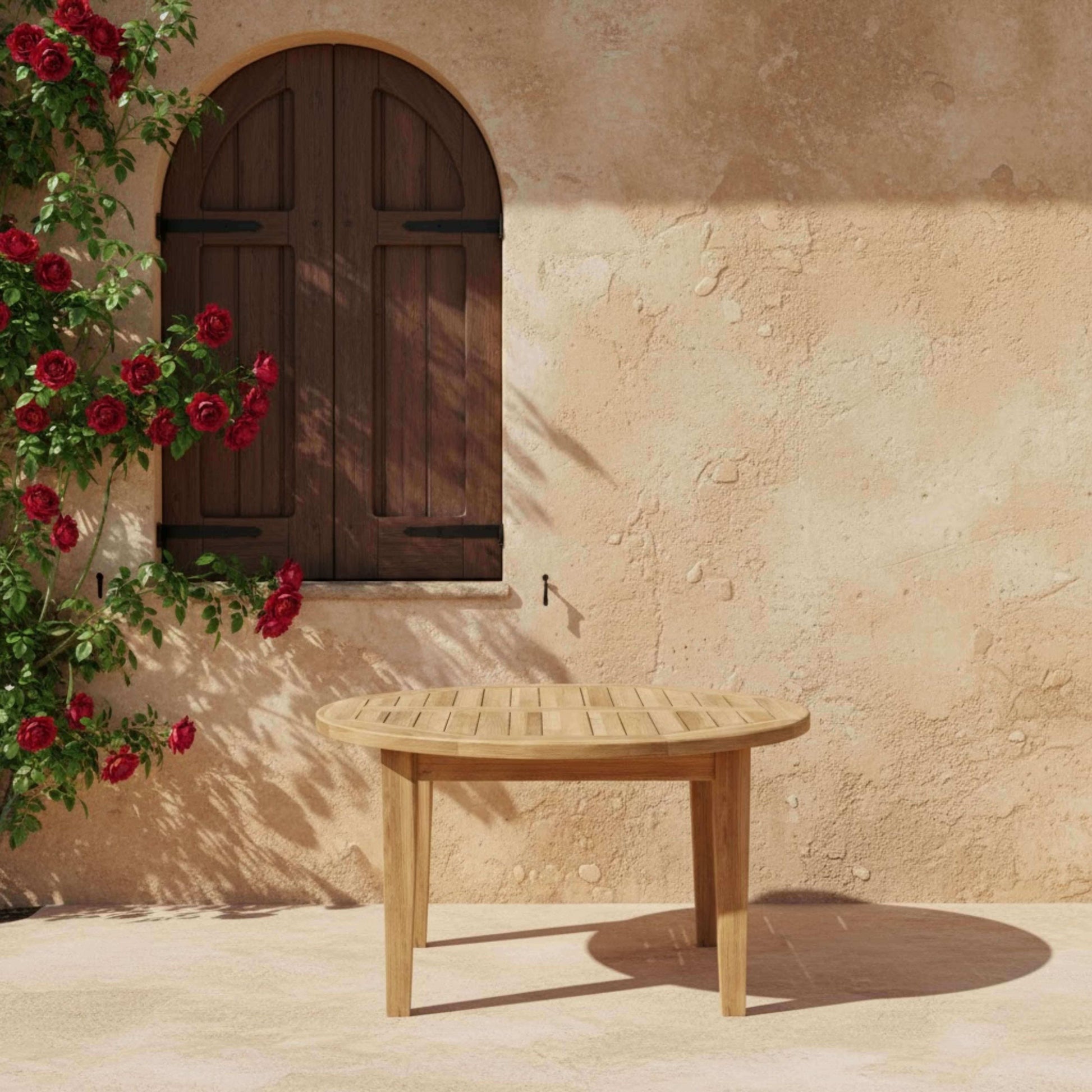 Anderson Teak Brianna 35 Round Coffee Table Detail with Teak Tabletop Joinery and Frame Build