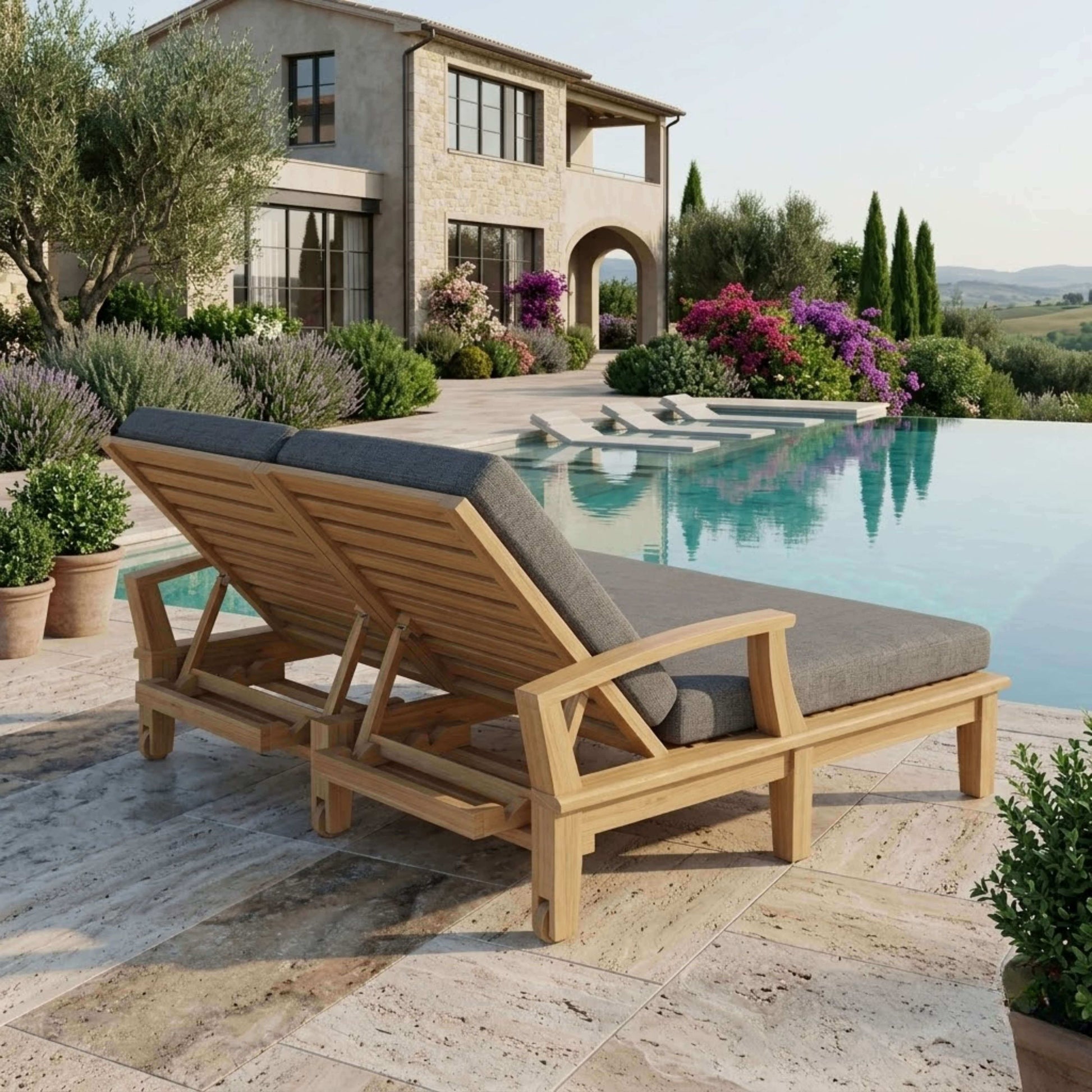 Anderson Teak Brianna Double Sun Lounger Detail with Stainless Steel Recline and Teak Frame