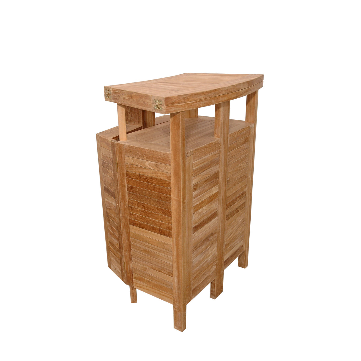 Anderson Teak outdoor folding bar table that has an expandable folding table top for ample storage space