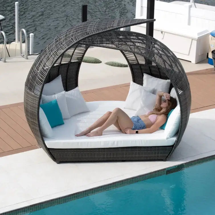 Panama Jack outdoor large scale daybed crafted with commercial grade extruded aluminum framing and woven with HDPE synthetic fiber
