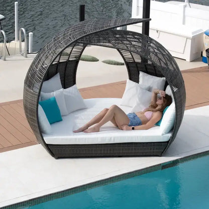 Panama Jack outdoor large scale daybed crafted with commercial grade extruded aluminum framing and woven with HDPE synthetic fiber