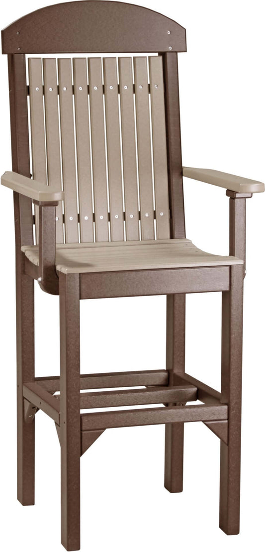 LuxCraft Classic Arm Chair in Weatherwood and Chestnut Brown — wide-armrest patio chair, long-life recycled poly
