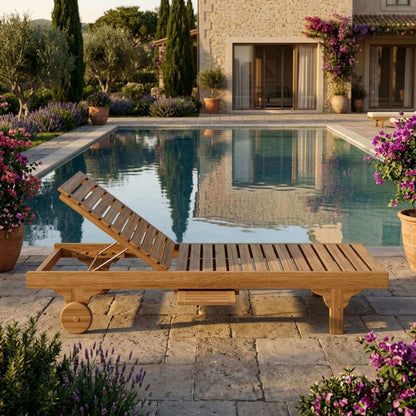 Anderson Teak Capri Sun Lounger Adjustable Back Side Tray Side Profile View with Reclined Back