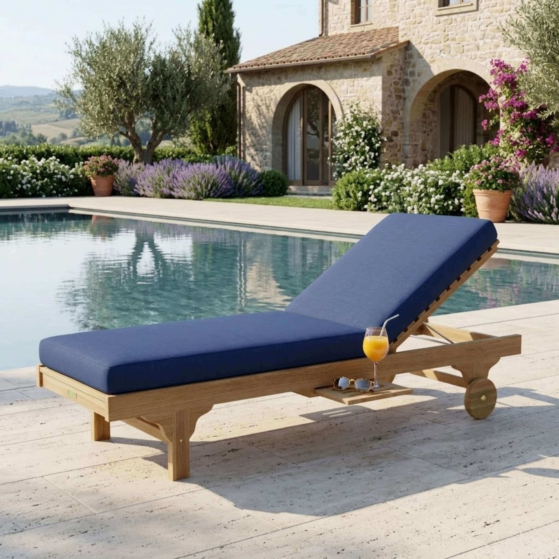 Anderson Teak Capri Sun Lounger Adjustable Back Side Tray Side Profile View with Reclined Back