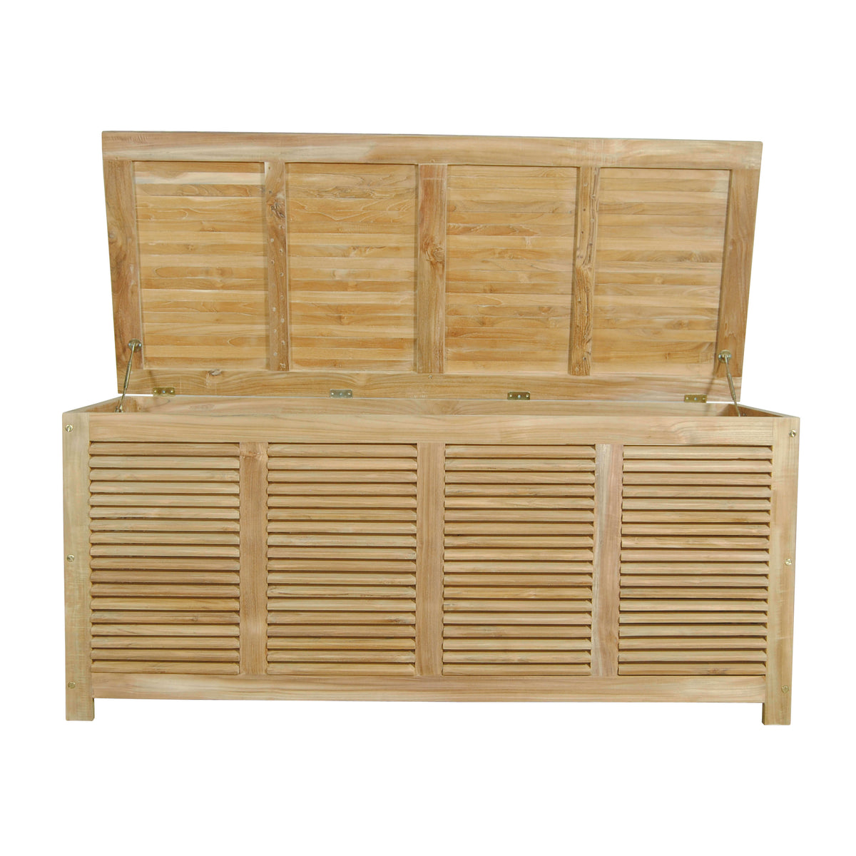 Teak wood outdoor storage box with hydraulic gas spring as an opening mechanism
