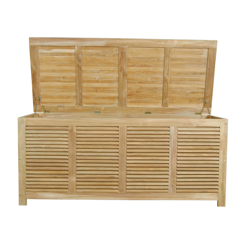 Teak wood outdoor storage box with hydraulic gas spring as an opening mechanism
