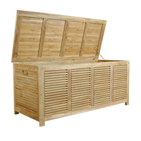 Teak wood outdoor storage box with hydraulic gas spring as an opening mechanism
