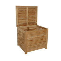 Teak wood outdoor storage box with hydraulic gas spring as an opening mechanism