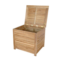 Teak wood outdoor storage box with hydraulic gas spring as an opening mechanism